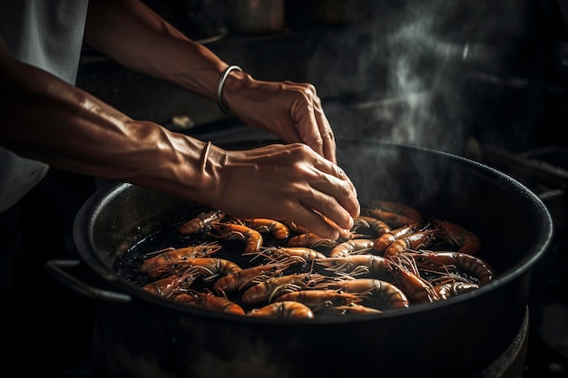 Ilustración generativa de IA de fotografía realista de manos de cocinero friendo langostinos