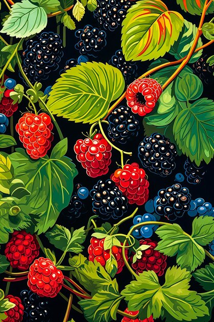 Ilustración generativa de IA de frutas silvestres saludables arándanos moras bayas grosellas en estilo de ilustración de colores brillantes comida saludable