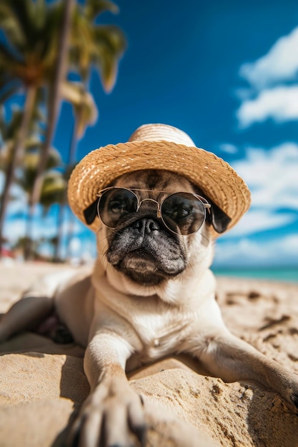 Ilustración generativa de IA de un gracioso perro pug en la playa