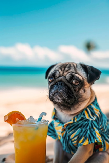 Ilustración generativa de IA de un gracioso perro pug en la playa