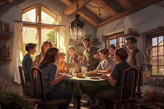 Ilustración generativa de IA de una gran familia caucásica feliz comiendo en la cocina con rayos de luz entrando por la ventana Concepto de felicidad