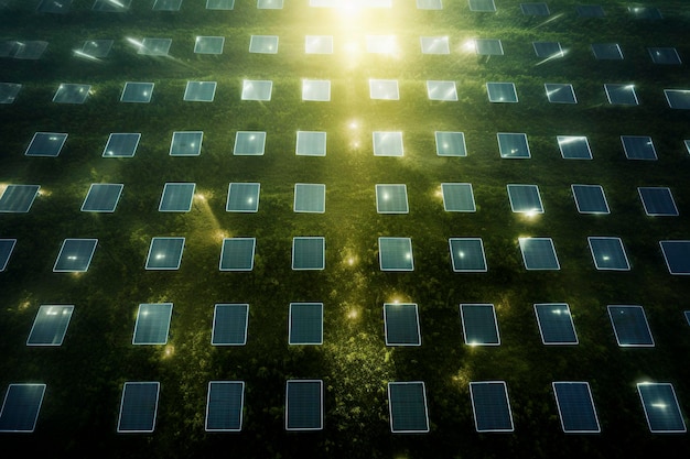 Ilustración generativa de IA de una granja de paneles solares vista desde arriba para obtener energía limpia Energía renovable Para salvar el planeta