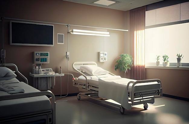 Ilustración generativa de IA de la habitación del hospital equipada con la última tecnología médica