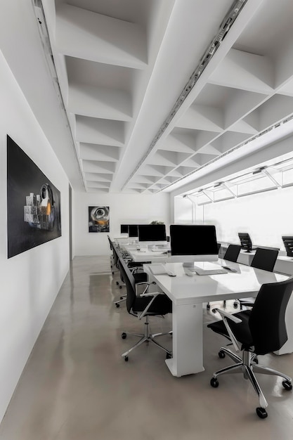 Ilustración generativa de IA de una habitación muy grande con varios escritorios de oficina que pueden motivar a las personas a trabajar