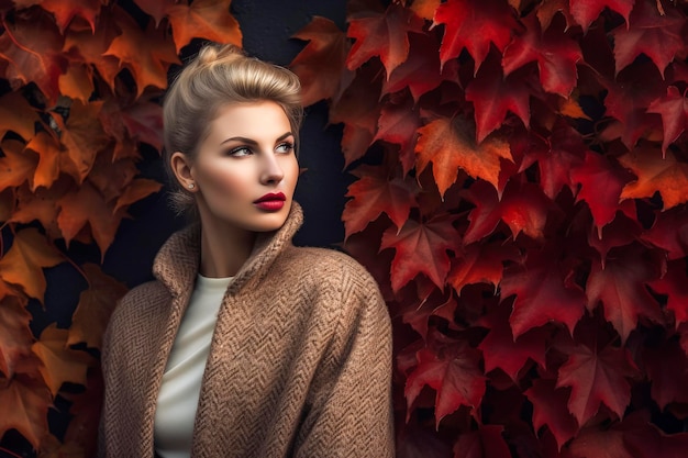 Ilustración generativa de IA de una hermosa joven caucásica con fondo de hojas rojas en colores de otoño vestida con la última moda