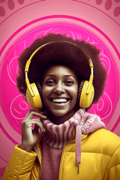 Ilustración generativa de IA de una hermosa joven negra con cabello afro escuchando música con auriculares