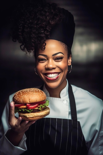 Ilustración generativa de IA de una hermosa joven negra vestida de cocinera que muestra comida en la mano