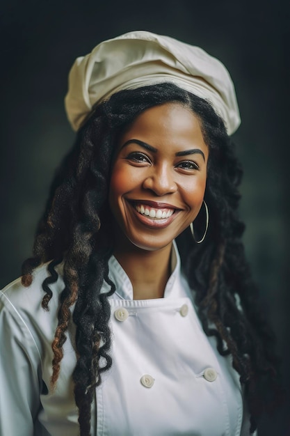 Ilustración generativa de IA de una hermosa joven negra vestida de cocinera que muestra comida en la mano
