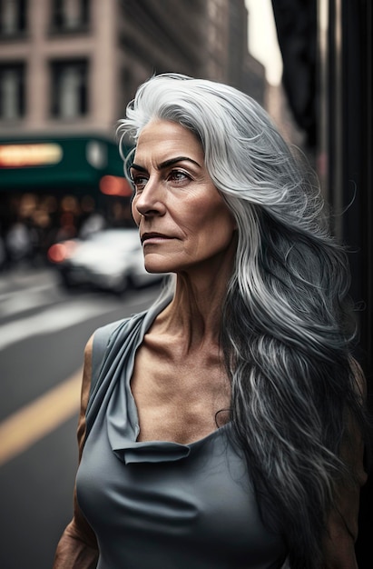 Ilustración generativa de IA de una hermosa mujer de 60 años con canas en las calles de Nueva York