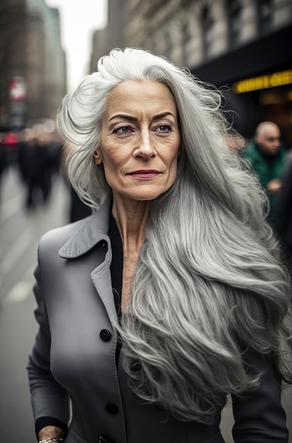 Ilustración generativa de IA de una hermosa mujer de 60 años con canas en las calles de Nueva York