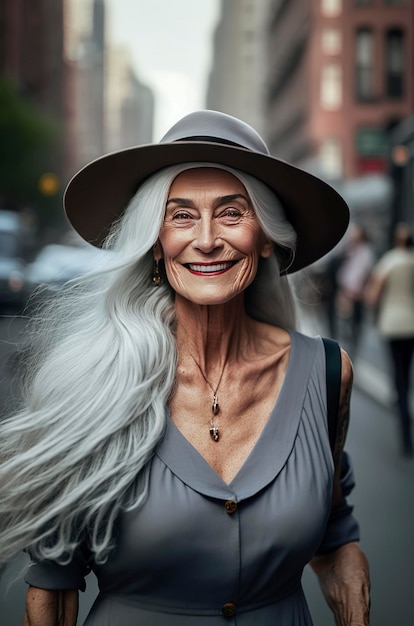 Ilustración generativa de IA de una hermosa mujer de 60 años con canas en las calles de Nueva York