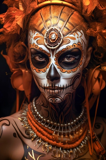 Ilustración generativa de IA de una hermosa mujer mexicana hecha para el día de los muertos con un fondo oscuro y rodeada de flores