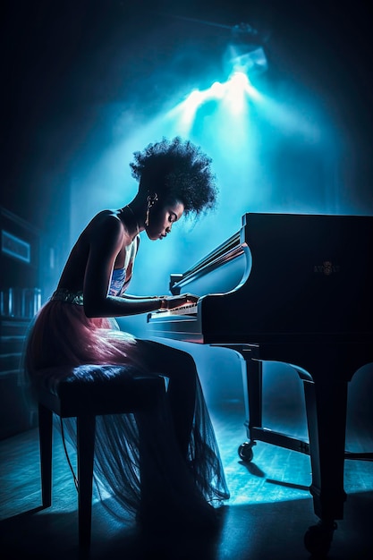 Ilustración generativa de IA de una hermosa mujer negra con cabello afro azul cantando y tocando el piano en un estudioSigner performig