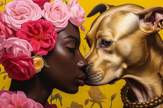 Ilustración generativa de IA de una hermosa niña con un perro rodeado de flores con fondos de colores Estilo de ilustración Arte digital