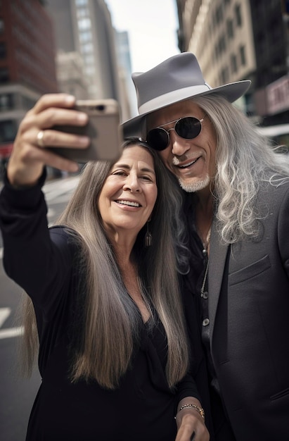 Ilustración generativa de IA de una hermosa pareja de 60 años con cabello gris y sombrero en las calles de Nueva York