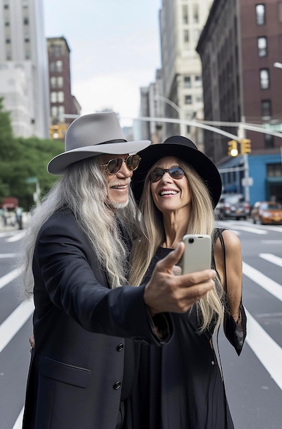 Ilustración generativa de IA de una hermosa pareja de 60 años con cabello gris y sombrero en las calles de Nueva York