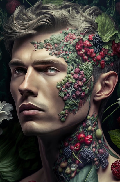 Ilustración generativa de IA de un hombre hermoso con flores