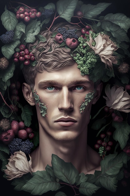 Ilustración generativa de IA de un hombre hermoso con flores