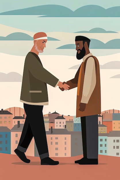 Ilustración generativa de IA de un hombre judío y palestino dándose la mano y celebrando la paz en Jerusalén Estilo de ilustración vectorial Concepto de paz