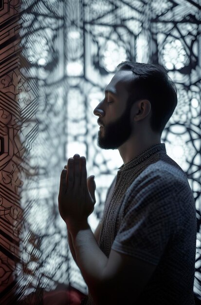Ilustración generativa de IA de un hombre musulmán leyendo el Corán en la mezquita con luz que entra por una ventana con una sensación de paz espiritual