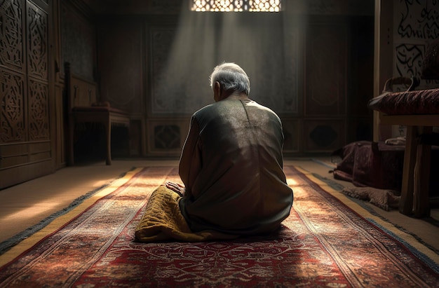 Ilustración generativa de IA de un hombre musulmán leyendo el Corán en la mezquita con luz que entra por una ventana con una sensación de paz espiritual