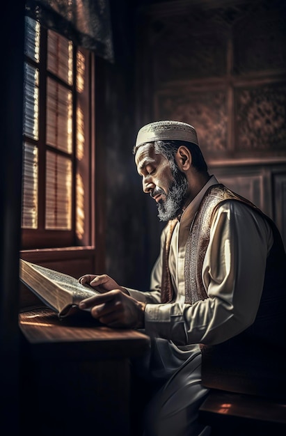 Ilustración generativa de IA de un hombre musulmán leyendo el Corán en la mezquita con luz que entra por una ventana con una sensación de paz espiritual