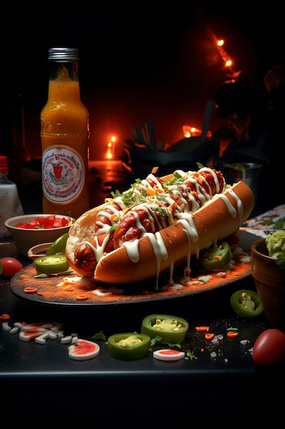 Ilustración generativa de IA de hot dog con salsa de búfalo con mayonesa estilo ranchero y comida rápida de pepino encurtido