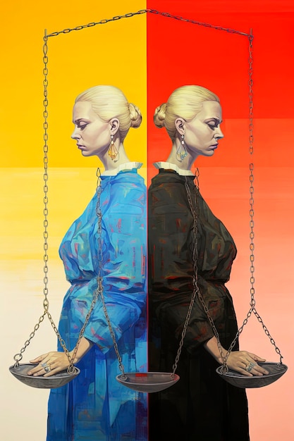 Ilustración generativa de IA de ilustración minimalista surrealista de una pareja alegórica lesbianas sostuvieron el equilibrio de la justicia arte pop Fondo de colores LGBT Arte digital