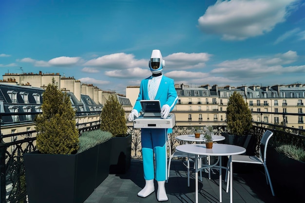Ilustración generativa de IA de inteligencia artificial vestida de camarero trabajando en la terraza de un bar en París
