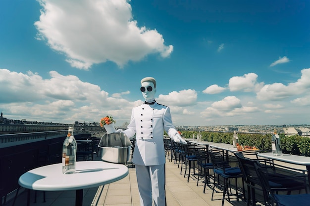 Ilustración generativa de IA de inteligencia artificial vestida de camarero trabajando en la terraza de un bar en París