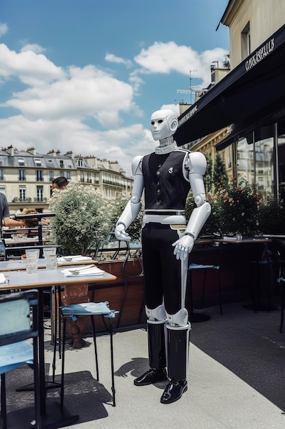 Ilustración generativa de IA de inteligencia artificial vestida de camarero trabajando en la terraza de un bar en París