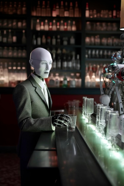 Ilustración generativa de IA de inteligencia artificial vestida como un barman que trabaja sacudiendo una coctelera