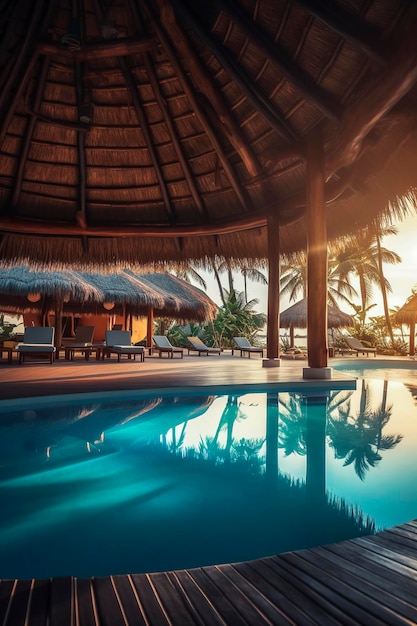 Ilustración generativa de IA del interior de un resort de playa tropical con muebles coloniales y piscina