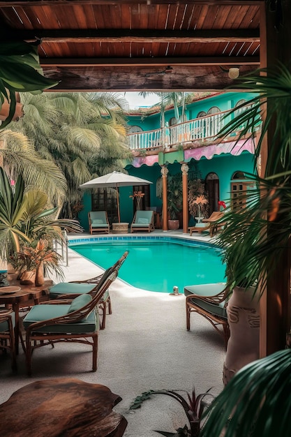 Foto ilustración generativa de ia del interior de un resort de playa tropical con muebles coloniales y piscina
