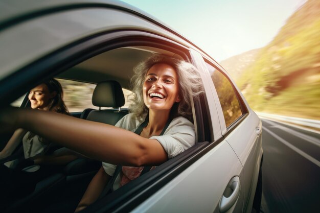 Ilustración generativa de IA de una joven y alegre conductora de cabello rubio que conduce un coche moderno en la autopista