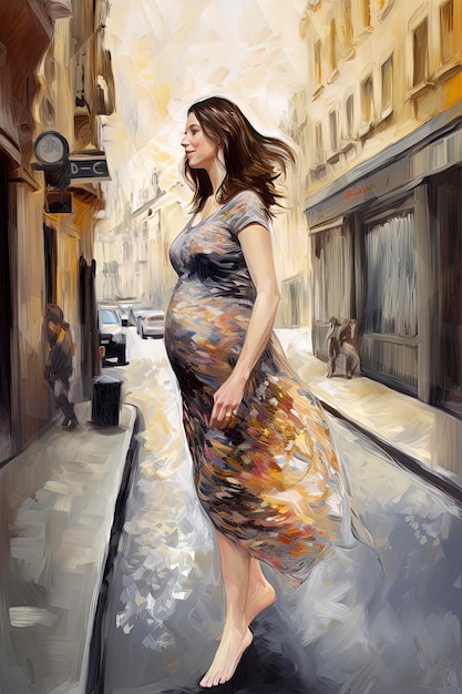 Ilustración generativa de IA de una joven embarazada atractiva caminando por las calles de París