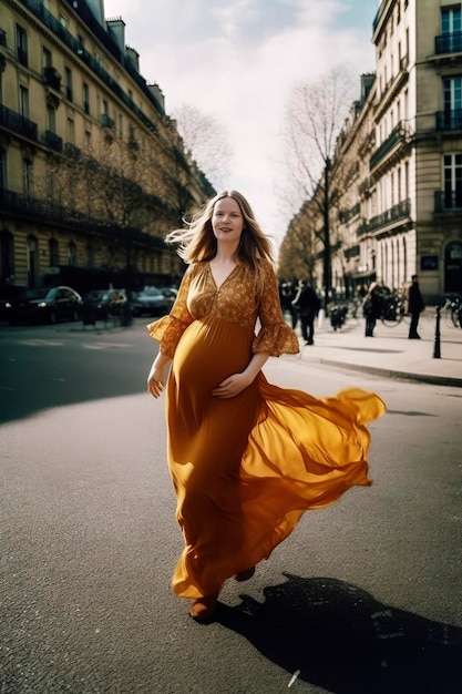 Ilustración generativa de IA de una joven embarazada atractiva caminando por las calles de París