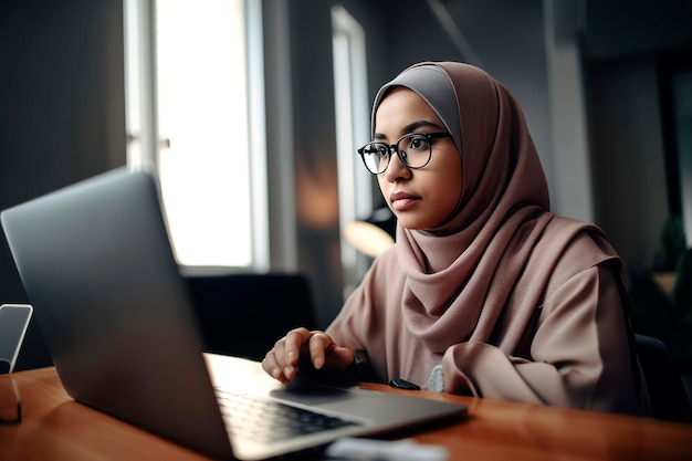 Ilustración generativa de IA de una joven musulmana con hiyab que trabaja en una oficina con una computadora Concepto de mujer trabajadora