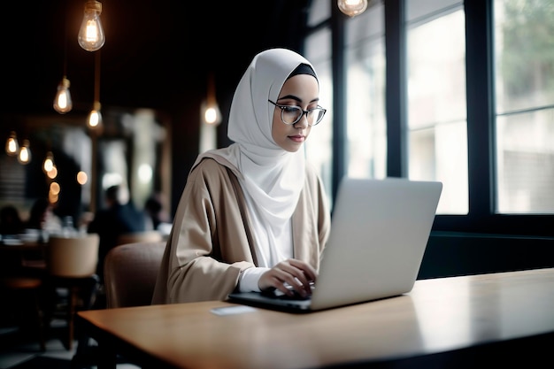 Ilustración generativa de IA de una joven musulmana con hiyab que trabaja en una oficina con una computadora Concepto de mujer trabajadora