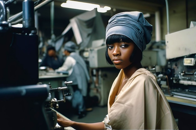 Ilustración generativa de IA de una joven negra que trabaja con flequillo en una fábrica de ropa entre máquinas herramientas cosiendo ropa