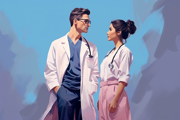 Ilustración generativa de IA de una joven pareja médica vestida con bata blanca en un estilo de ilustración minimalista Arte digital Concepto de salud