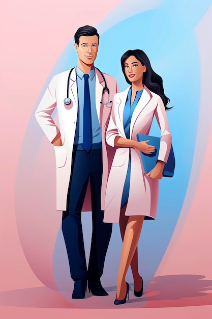 Ilustración generativa de IA de una joven pareja médica vestida con bata blanca en un estilo de ilustración minimalista Arte digital Concepto de salud