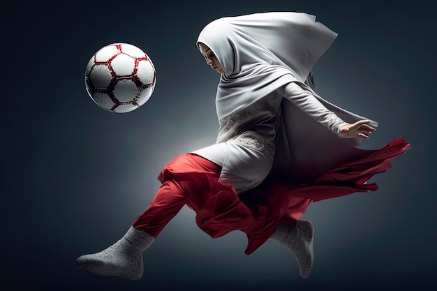 Ilustración generativa de IA de jóvenes árabes vestidas con chilaba y hiyab jugando al fútbol