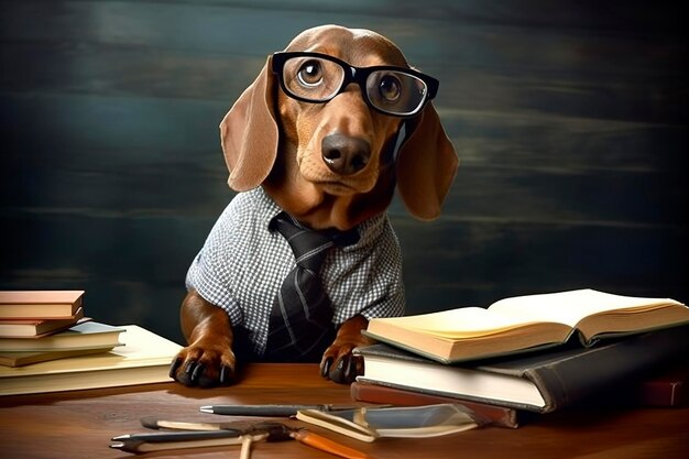 Ilustración generativa de IA del lindo perro dachshund con gafas y un libro aprendiendo en la escuela