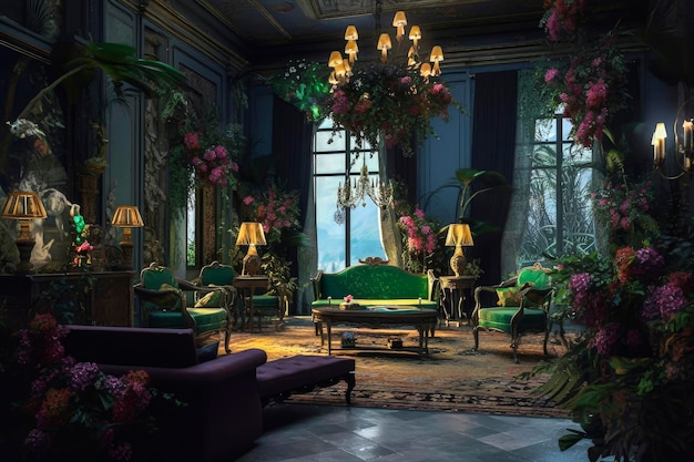 Ilustración generativa de IA del lujoso comedor de estilo rococó lleno de plantas verdes y obras de arte con muebles antiguos