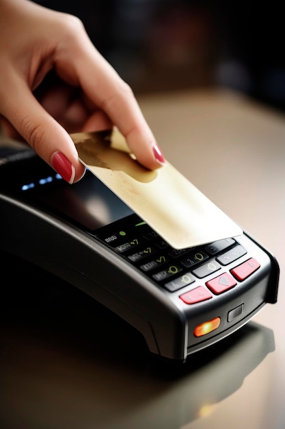 Ilustración generativa de IA de una mano que sostiene una tarjeta de crédito dorada comprobándola junto al datáfono