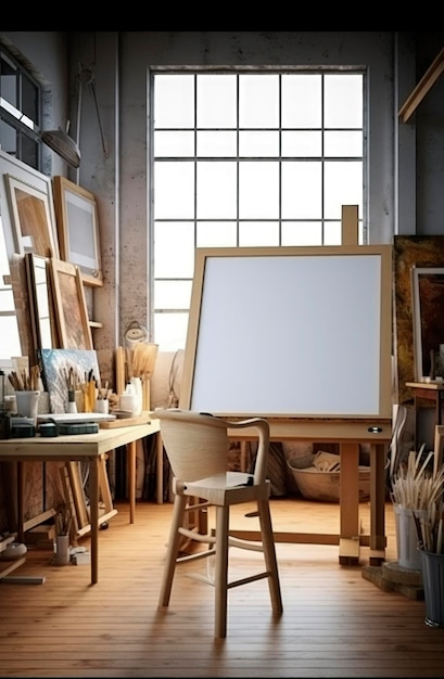 Ilustración generativa de IA de la maqueta blanca de Frame apoyada sobre una mesa en un estudio de arte con luz natural