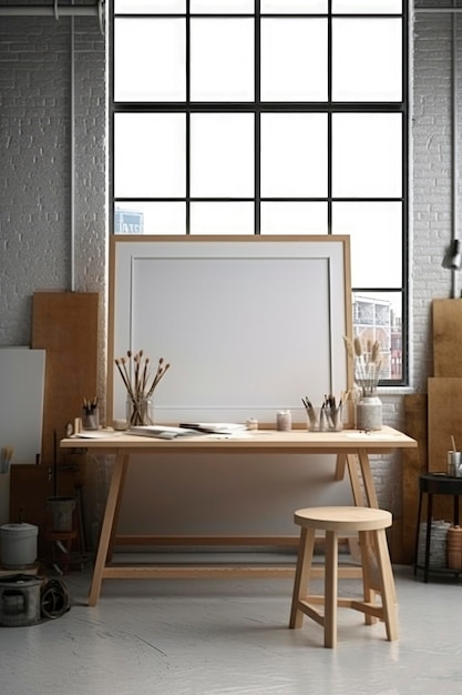 Ilustración generativa de IA de la maqueta blanca de Frame apoyada sobre una mesa en un estudio de arte con luz natural