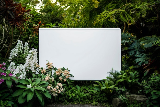 Foto ilustración generativa de ia de una maqueta de panel exterior blanco vacío en un edificio en una terraza rodeada de plantas y flores concepto publicitario