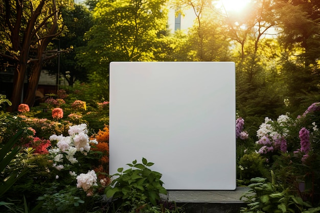 Ilustración generativa de IA de una maqueta de panel exterior blanco vacío en un edificio en una terraza rodeada de plantas y flores concepto publicitario